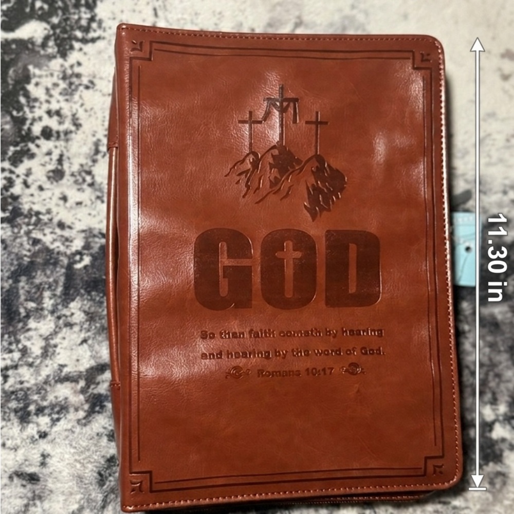 Egiant Bible Cover Case Brown Faux Leather with YKK Zipper Christian“GOD” - Picture 4 of 11